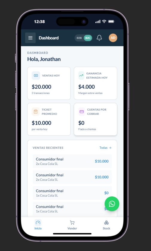 Dashboard de Logify en celular, con ventas del día, ganancia estimada y ventas recientes