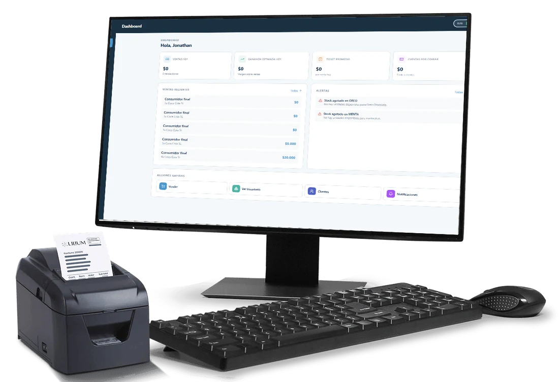 Panel de Logify abierto en un computador de escritorio junto a una impresora de tickets